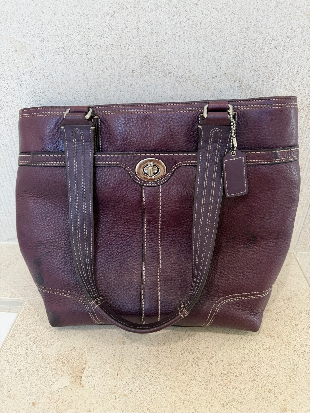 Coach Pebble Leather Purple Tote with Silver Tone Hardware Hangtag